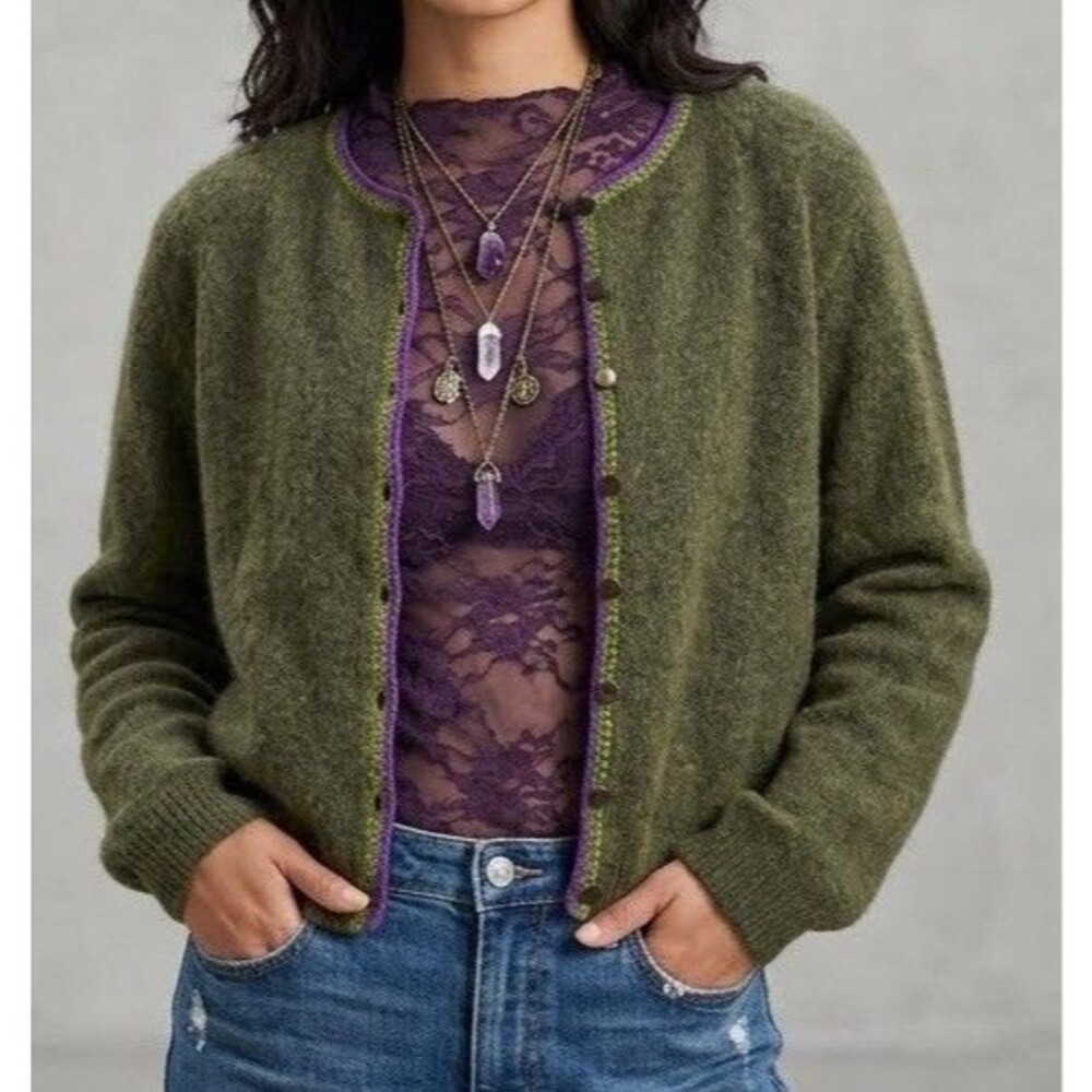 Vintage WhimsyGoth Fuzzy Cardigan S Olive Purple Contrast Stitch Wool Blend Warm